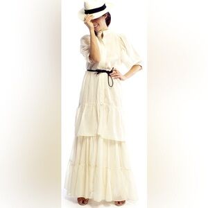 Heidi Merrick Tiered Linen Mock Collar Dress in Cream Size 6
